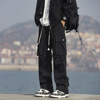 Poum american workwear pants for men in spring, autumn and summer new fashion high street straight sports functional style casual long pants jcdm-k1306 black xl (recommended 130-145jin jin equals 0.5kg)