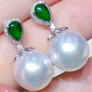 Mohs australian south sea white bead jewelry set, seawater pearl earrings, pendant, three-piece set, 18k gold, diamond, emerald, retro, elegant, custom style, shipped in 7-10 days, south sea white bead earrings, 11-12mm
