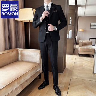 Romon high-end suit suit men's slim large size suit business professional formal dress groom and best man wedding dress black suit + vest + trousers m