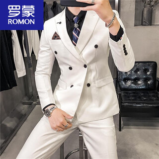 Romon white double-breasted suit men's suit korean slim casual suit men's jacket groom wedding dress white double-breasted (jacket + pants + shirt) 3xl