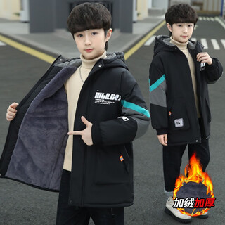 Monkey brother children's clothing boys' thickened velvet windbreaker jacket winter clothes new fashion boys korean style mid-length style student winter 6 medium big children's pie overcome 8 thickened cotton clothes trendy 5-15 years old green 160 (recommended height is about 150cm)