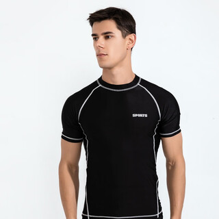 花乐集成人游泳衣男士分体两件套男款防晒短袖冲浪浮潜服休闲沙滩男泳装 黑上衣 XL【100-120斤】