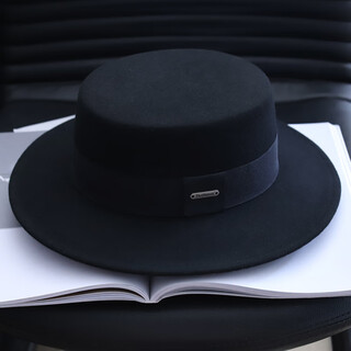 枥野帽子女秋冬休闲百搭时尚礼帽黑色羊毛呢平沿礼帽英伦复古平顶帽男 黑色 大码L码可调节（58-60cm）