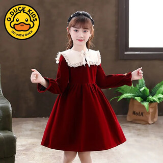 G.duck girls student dress spring new fashion spring and autumn dress little girl princess dress children new year's greeting dress trendy red 110 cm