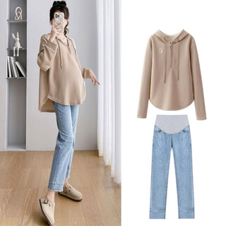 Mommy ranqi's maternity autumn suit is fashionable and fashionable, hooded large size sweatshirt, spring and autumn belly-covering two-piece set, lazy style, khaki top + blue jeans (suit) xl