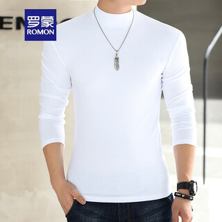 Romon half turtleneck bottoming shirt men's pure cotton t-shirt solid color slim fit simple casual mid-collar long-sleeved inner thick top white xl 140jin jin equals 0.5 kg, left or right wear