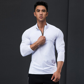 Lutie dog fitness clothing quick-drying clothes men's autumn and winter long-sleeved stretch breathable sweat-absorbent sports and casual t-shirts stand collar bottoming fitness clothes white xxl/180-185