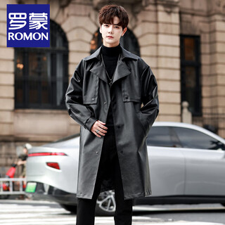 Romon high-end pu casual loose windbreaker men's mid-length over-the-knee spring and autumn korean style handsome imitation leather jacket for men black m recommended 100-120 jin jin equals 0.5 kg