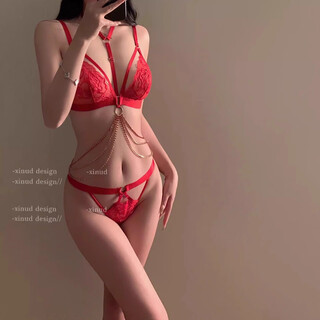 Victoria palace lace bra set sexy and charming sexy underwear bra with waist chain no wires anti-sagging bra set red m