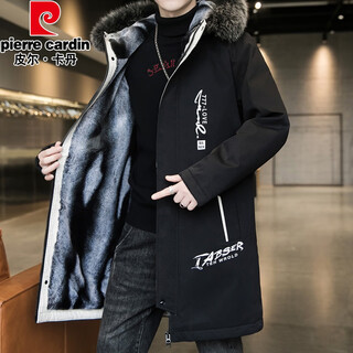 Pierre cardin parka men's velvet windbreaker jacket winter thickened warm mid-length coat trendy student cotton coat cotton jacket 917 black m