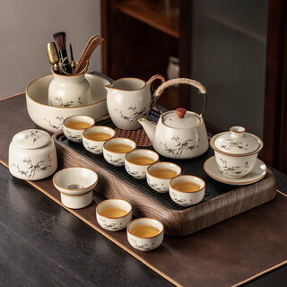 Porcelain brand tea set, ru kiln tea set, household high-end ceramic split teapot, covered bowl, teacup, complete set of kung fu tea set, rich bamboo handle teapot, covered bowl, 8 cups, 13 pieces + tao jar for washing dishes