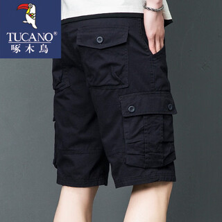 Woodpecker 2025 summer cargo shorts new multi-pocket pure cotton jodhpurs middle-aged men's loose solid color five-quarter pants black 29