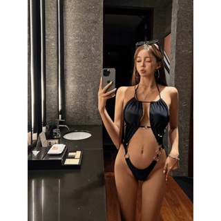 Zailu swimsuit european and american style black chain internet celebrity hot girl one-piece bikini tie halterneck hot spring swimsuit female black s