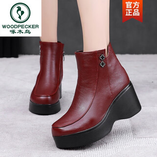 Woodpecker 2026 autumn and winter women's boots red ethnic style short boots mother's cotton boots thick-soled platform heel wedge genuine leather women's cotton shoes burgundy cotton boots 37