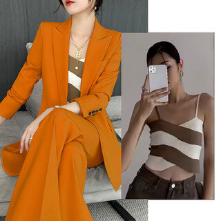 Modx hong kong marca de moda traje profesional de alta gama de color caqui para mujer nuevo estilo traje delgado ropa de trabajo formal traje naranja + pantalones de pierna ancha con corte de bota + tirantes de punto xl