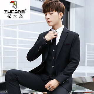 Woodpecker youth suit suit men's slim small suit student suit three-piece wedding formal wear trendy groomsmen group suit 201 black suit+pants+vest+shirt+tie belt 2xl pants 33 suitable for 136/145jin jin is equal to 0.5 kg
