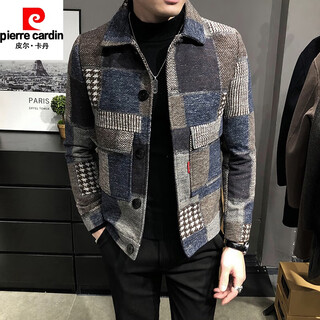 Pierre cardin men's woolen jacket 2026 new trendy short jacket top handsome and versatile autumn and winter woolen coat navy plaid l 110-125jin jin is equal to 0.5 kg