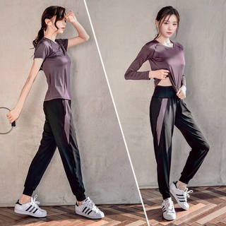 Baichao yoga wear women's summer slim loose sports fitness quick-drying stretch breathable pilates training top set dark purple three-piece set short sleeves + long sleeves + pants xl118-130jin jin equals 0.5 kg