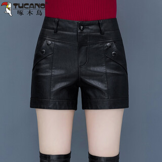 Woodpecker (tucano) genuine leather shorts for women in autumn and winter new high-waisted slim fashion leggings leather pants sheepskin outer boot pants 1096# black (regular style) 29/xl
