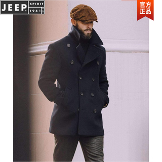 JEEP SPIRIT美式复古海军呢大衣男士经典双排扣户外大衣秋冬加厚重磅羊毛外套 黑色 L