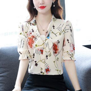 Fantan shirt women's printed top short-sleeved summer new fashion women's temperament slim elegant chiffon shirt women's fashion apricot xl - recommended 110-120 jin jin equals 0.5 kg
