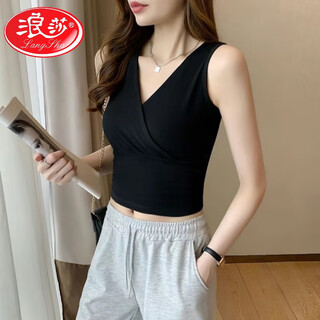 Langsha modal cotton v-neck camisole women's autumn and winter short navel exposed outerwear slim bottoming sleeveless top women black xl recommended 120-140jin jin equals 0.5kg