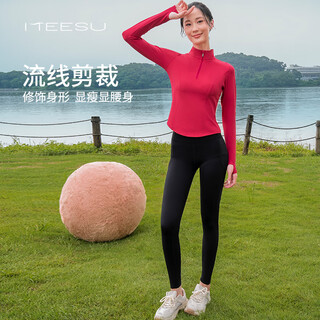 Meesu yoga wear suit top women's sports half-zip warm plus velvet slim fitness wear hip-lifting nine-point pants pilates berry red + black suit m