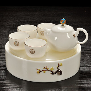 Greek-style mutton-fat jade porcelain kung fu tea set for home use tangyue kiln dehua white jade porcelain tea set office cover bowl tea cup small tea tray set jade tea table dry infusion tray gift box horseshoe jade porcelain 7 pieces (gift box)