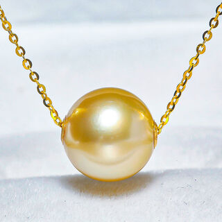 Muqin nanyang seawater philippine gold bead quality necklace g18k gold deep gold passepartout pendant clavicle chain mother's style 9-10mm almost flawless (including chain)