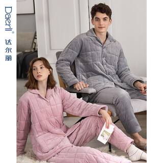 Darli thickened quilted couples pajamas for women autumn and winter pure cotton warm long-sleeved three-layer men's home wear suit t9217102-020-grey male xl