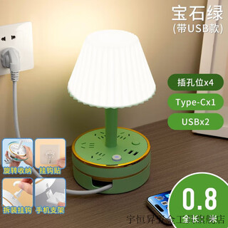 维诺亚多功能伸缩床头灯金边台灯插座一体收纳家用卧室护眼插排USB充电 N8收纳台灯4插位带USB【绿色】 0.8米