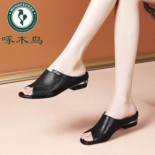 Woodpecker broken code brand sandals women's 2025 fashion outerwear fashion thick heel flat soft leather fish mouth sandals women black 36