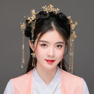 Ancient style hair accessories, hanfu headwear, hair crown, tassels, ancient costume hairpins, side clips set, super fairy performance writing, special offer, model complete set (earrings and acupuncture) gift box