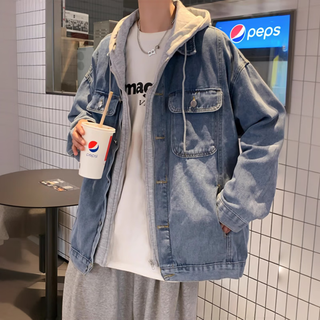Yiran presents a handsome denim jacket for men in spring and autumn, trendy brand, retro hooded, loose, versatile, trendy, korean version, fake two-piece jacket for men, blue l, recommended 120-135 jin jin is equal to 0.5 kg