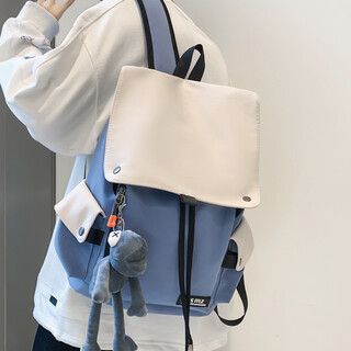 Fadelu backpack men's backpack college student bag men's ins cool fashion high school simple canvas large capacity computer bag huashengda8811 blue with white + frog