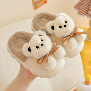 Candy astringent parent-child children's cotton slippers for boys and girls in winter plus velvet, thickened, warm, soft bottom, non-slip, cartoon bear plush slippers sd28 bear t-off-white 26-27 inner length 16cm