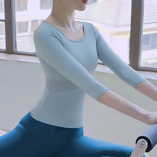 Shuangxiu yoga wear for women 2025 new high-end internet celebrity popular style with chest pad short-sleeved top pilates fitness suit summer mint blue three-quarter sleeve top l (110-120)