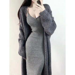 Senlianna 2025 spring, autumn and winter new women's suit long dress sexy knitted suspender slim fit pure desire hip cover suit one size 85-120jin jin is equal to 0.5 kg