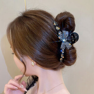 Case makeup chinese valentine's day diamond bow knot large grappling clamp disk hair clip for women's back of head 2023 new temperament shark clip headwear full diamond egg face double knot grappling clamp gun black