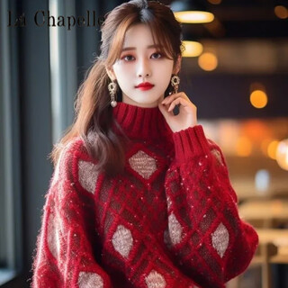 La chapelle (la chapelle) this year's popular beautiful red half-turtleneck sweater for women autumn and winter 2023 temperament small fragrance style sweater top pure 100 automatic heating red thickened sweater (counter) pure 100 automatic heating m
