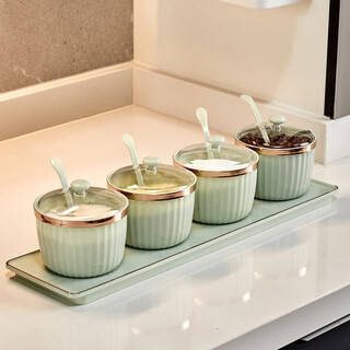 Beishan glass seasoning box salt and chicken essence seasoning box seasoning storage box home kitchen seasoning jar with spoon set light luxury with base four jar seasoning box light green