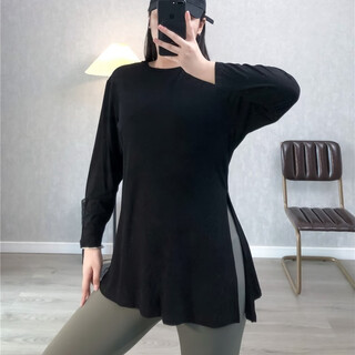 Kejimitao large size fat mm thin thread drape slimming hip hooded slit yoga running pilates aerobics long-sleeved top black 3xl (170-190 card size choose small)