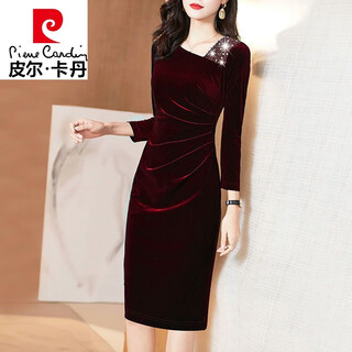 Pierre cardin evening dress gold velvet dress women's autumn and winter new elegant and fashionable long skirt plush thickened hip skirt burgundy no velvet l recommended 100-110 jin jin equals 0.5 kg