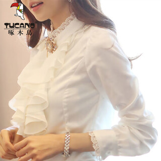 Woodpecker (tucano) shirt women's spring, autumn and winter lace stand-up collar long-sleeved shirt plus velvet slimming professional ruffle bottoming shirt 662 white s 78-95jin jin is equal to 0.5 kg