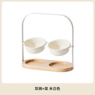 High-looking ceramic flying saucer cat bowl with high legs and slanted mouth to protect cervical vertebrae, cat food bowl, cat and dog basin, drinking bowl, double bowls, flying saucer double bowls + basket double rack (off-white) 15cm/600ml
