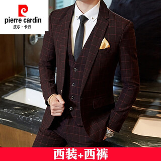 Pierre cardin men's suit suit casual small suit jacket youth korean slim fashion groom wedding dress professional top burgundy suit pants + tie 4xl