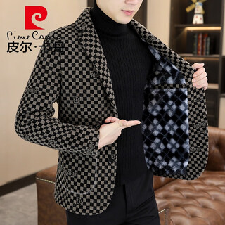 Pierre cardin autumn and winter plaid suit men's korean style slim trendy velvet thickened woolen coat casual woolen blazer khaki no velvet l