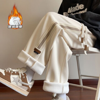 Katuchi american style velvet thickened striped casual pants for men in autumn and winter loose trendy straight wide-leg sports sanitary trousers beige-velvet xl recommended 130-150jin jin equals 0.5 kg