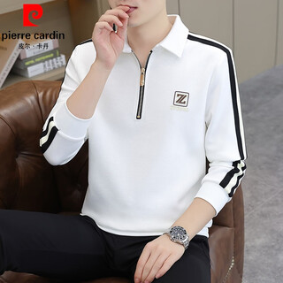 Pierre cardin sweatshirt men's spring and autumn korean version slim fit trendy brand lapel long-sleeved t-shirt thickened handsome inner layering shirt top white xl 130-145jin jin equals 0.5 kg