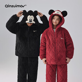 Kissing cat cartoon hooded warm velvet quilted couple pajamas women's winter three-layer thickened men's suit home clothes 840 jet black men 2xl